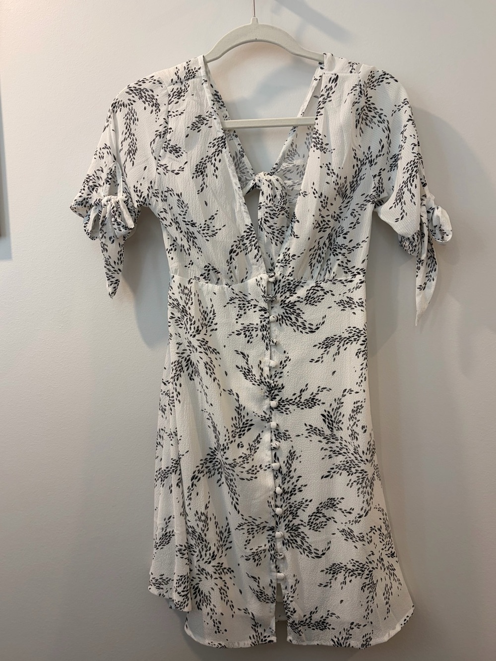White Printed Mini Dress with Tie-Back and Button Front